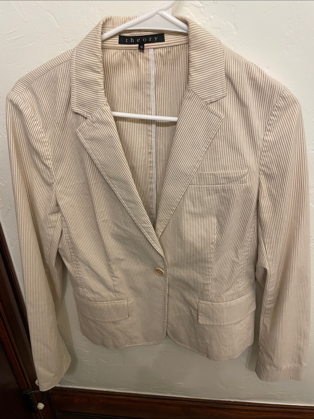 Theory Beige Pinstripe Single-Button Blazer